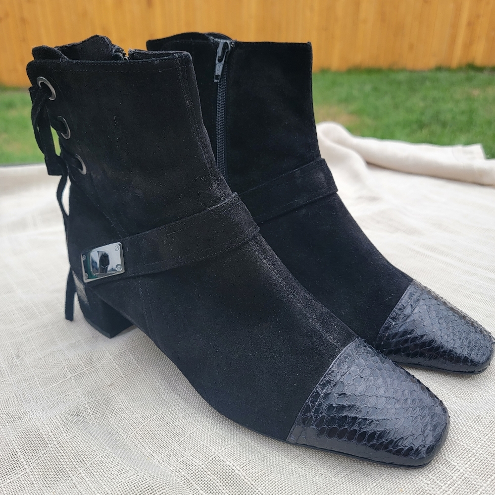 Vaneli Black Suede Ankle Heeled Boots with Textured Toe